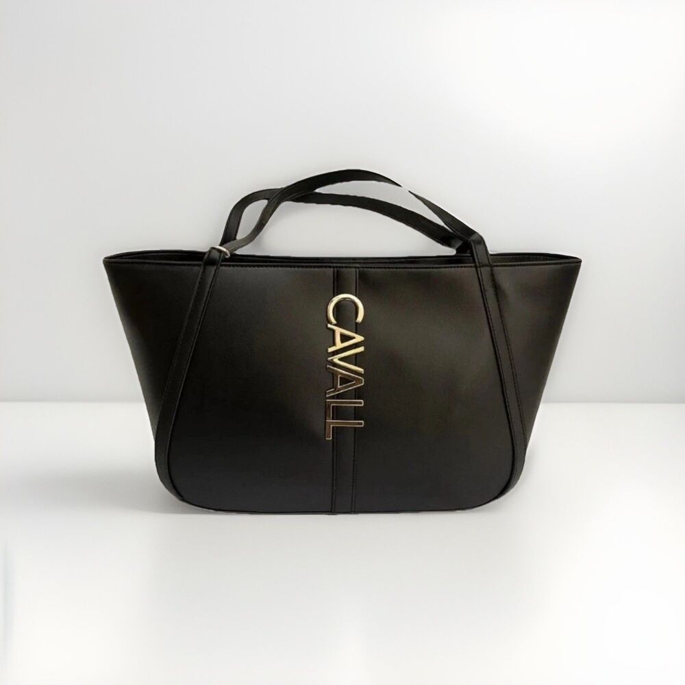 Cavalli Class Sandra Shopper Tote Bag Black Debossed Designer Handbag NWT
